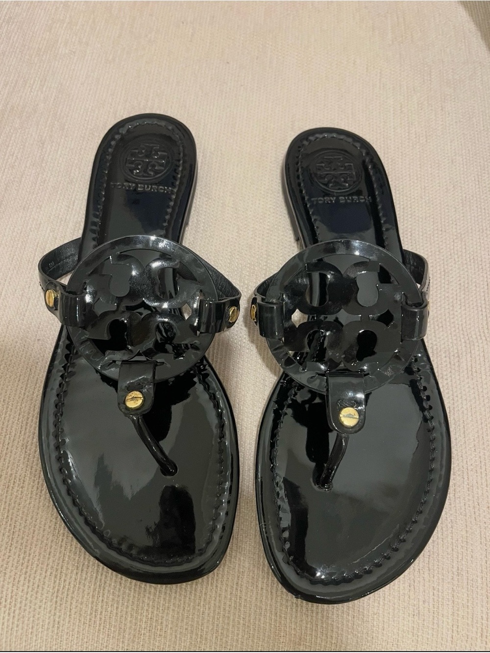 Tory Burch Black Patent Logo Thong Sandals